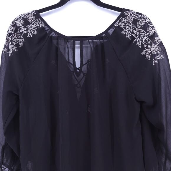 AEO American Eagle Boho Peasant 70s Black Sheer Embroidered Blouse Rope Tassel M - Picture 10 of 13